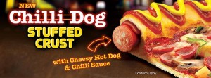 Most people think stuffing a chili dog (spelled incorrectly in this ad) in a pizza doesn't go far enough. 